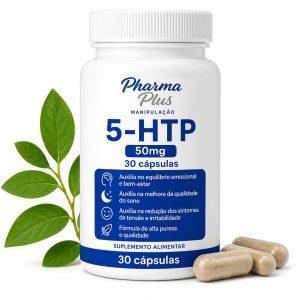 5-HTP 50mg 30 cápsulas Pharma Plus Manipulação para auxiliar na produção de serotonina, qualidade do sono, equilíbrio emocional e controle da compulsão alimentar.