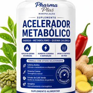 Suplemento Acelerador Metabólico 30 cápsulas Pharma Plus Manipulação com chá verde, ioimbina, gengibre, capsiate e picolinato de cromo para auxiliar no metabolismo, controle do apetite e emagrecimento.