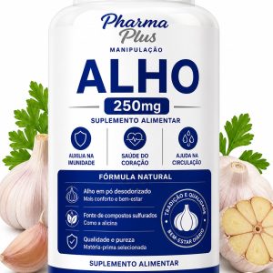 Alho 250mg 30 cápsulas Pharma Plus Manipulação para auxiliar na saúde cardiovascular, fortalecimento da imunidade, circulação sanguínea e proteção antioxidante.
