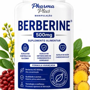 Berberina 500mg 60 cápsulas Pharma Plus Manipulação para auxiliar no controle da glicemia, metabolismo, emagrecimento, saúde cardiovascular e equilíbrio da microbiota intestinal.