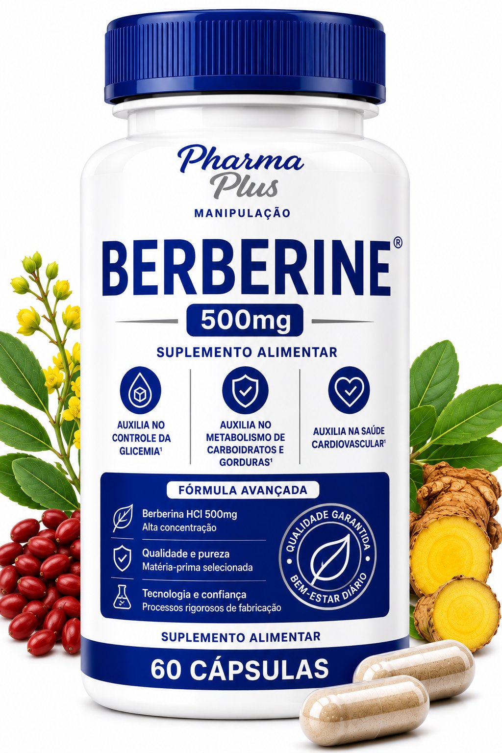 Berberina 500mg 60 cápsulas Pharma Plus Manipulação para auxiliar no controle da glicemia, metabolismo, emagrecimento, saúde cardiovascular e equilíbrio da microbiota intestinal.