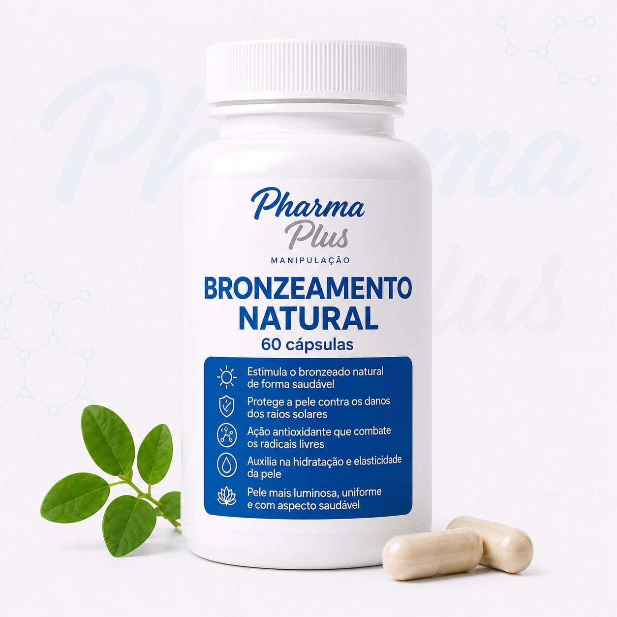 Bronzeamento Natural 60 cápsulas Pharma Plus Manipulação com betacaroteno, luteína, licopeno, vitamina C e astaxantina para auxiliar no bronzeado saudável e proteção antioxidante da pele.