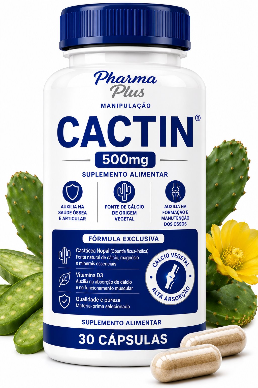 Cactin 500mg 30 cápsulas Pharma Plus Manipulação para auxiliar na redução da retenção de líquidos, controle do peso, diminuição do inchaço e bem-estar.