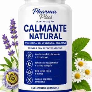 Calmante Natural 30 cápsulas Pharma Plus Manipulação com Passiflora, Melissa, Mulungu e Rhodiola para auxiliar no relaxamento, ansiedade, bem-estar e qualidade do sono.