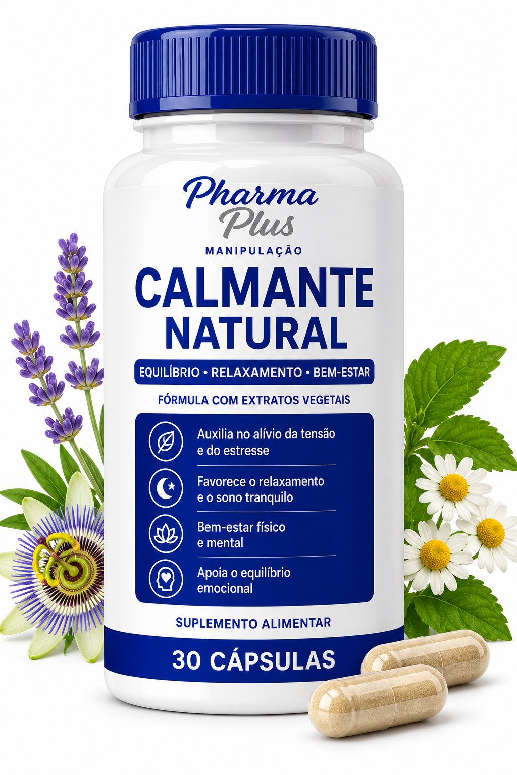 Calmante Natural 30 cápsulas Pharma Plus Manipulação com Passiflora, Melissa, Mulungu e Rhodiola para auxiliar no relaxamento, ansiedade, bem-estar e qualidade do sono.