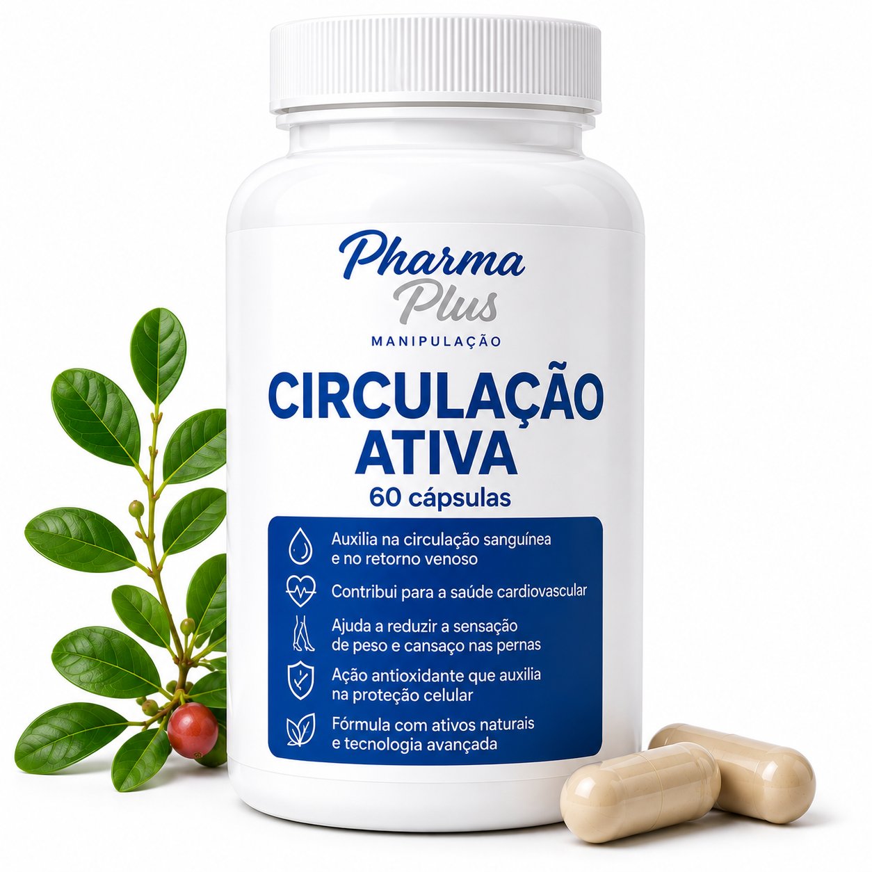 Circulação Ativa 60 cápsulas Pharma Plus Manipulação com diosmina, hesperidina, castanha-da-índia e ginkgo biloba para auxiliar na circulação sanguínea, saúde vascular e conforto das pernas.