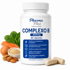 Complexo B 200mg 60 cápsulas Pharma Plus Manipulação para auxiliar na produção de energia, metabolismo, funcionamento do sistema nervoso e bem-estar diário.