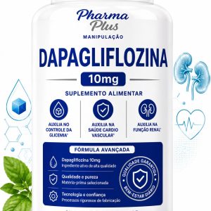 Dapagliflozina 10mg 60 cápsulas Pharma Plus Manipulação utilizada sob prescrição médica para auxiliar no controle da glicemia e na proteção cardiovascular e renal.