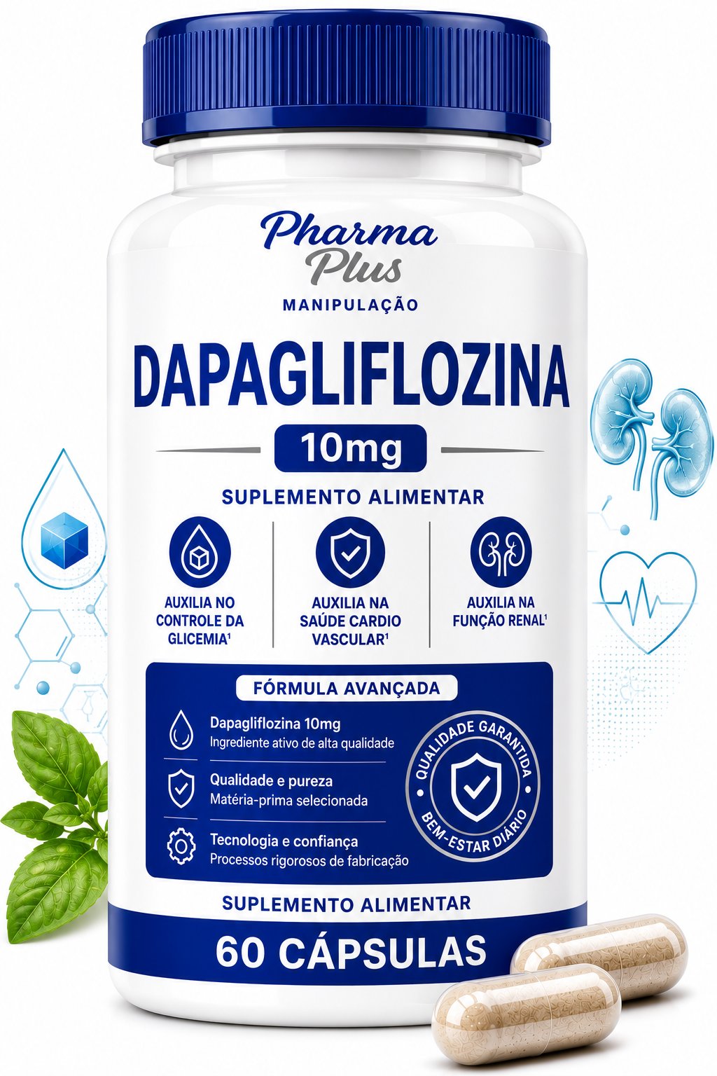Dapagliflozina 10mg 60 cápsulas Pharma Plus Manipulação utilizada sob prescrição médica para auxiliar no controle da glicemia e na proteção cardiovascular e renal.