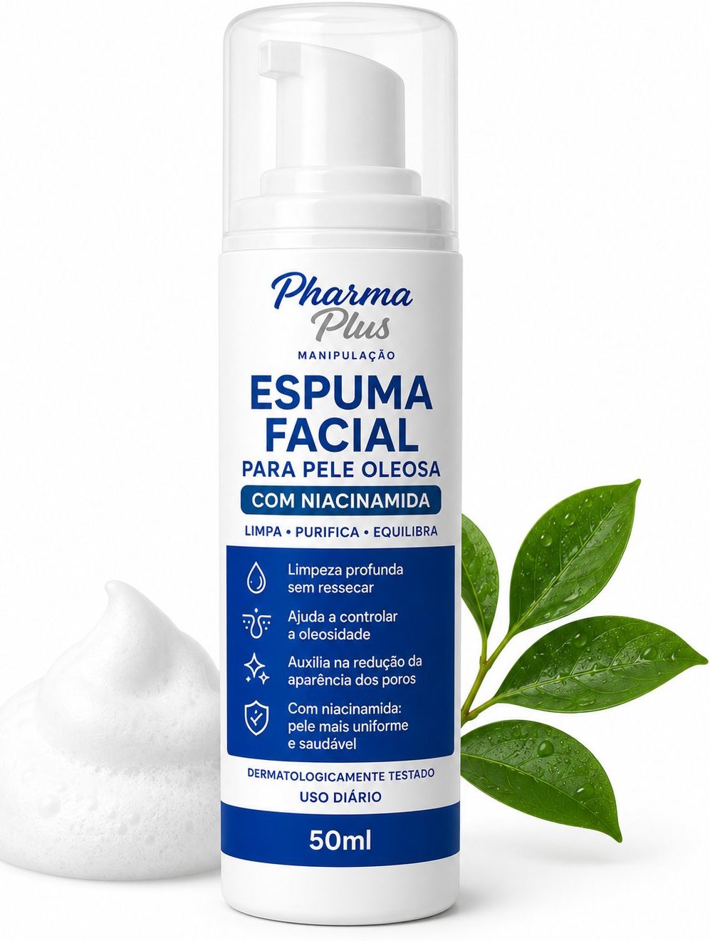 Espuma Facial para Pele Oleosa com Niacinamida 50ml Pharma Plus Manipulação para limpeza profunda, controle da oleosidade e cuidados diários com a pele.