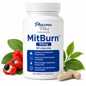 MitBurn 50mg 60 cápsulas Pharma Plus Manipulação para auxiliar no metabolismo energético, queima de gordura, disposição física e programas de emagrecimento.