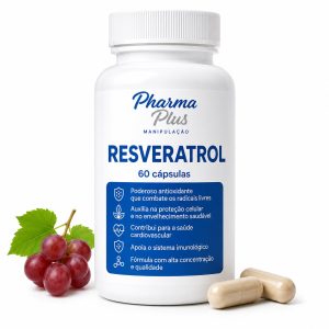 Resveratrol 60 cápsulas Pharma Plus Manipulação com ação antioxidante para auxiliar na proteção celular, saúde cardiovascular, circulação sanguínea e equilíbrio do colesterol.