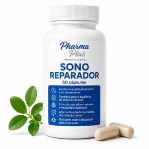 Sono Reparador 60 cápsulas Pharma Plus Manipulação com triptofano, taurina, passiflora, melissa e mulungu para auxiliar no relaxamento, qualidade do sono e bem-estar.