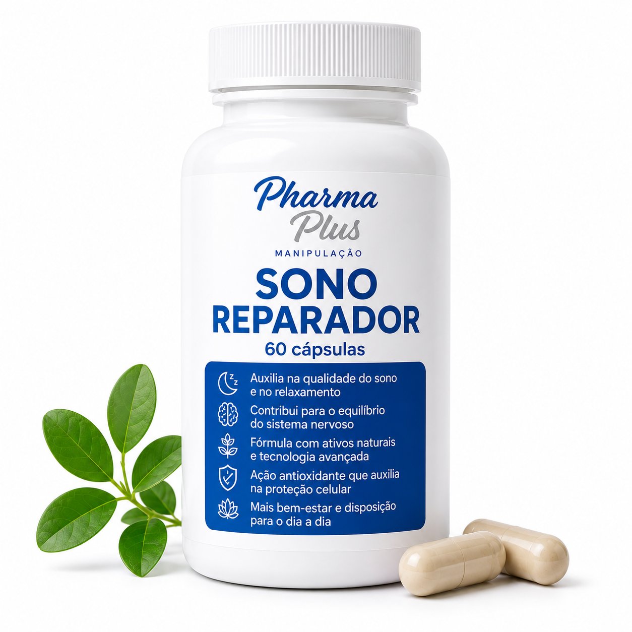 Sono Reparador 60 cápsulas Pharma Plus Manipulação com triptofano, taurina, passiflora, melissa e mulungu para auxiliar no relaxamento, qualidade do sono e bem-estar.